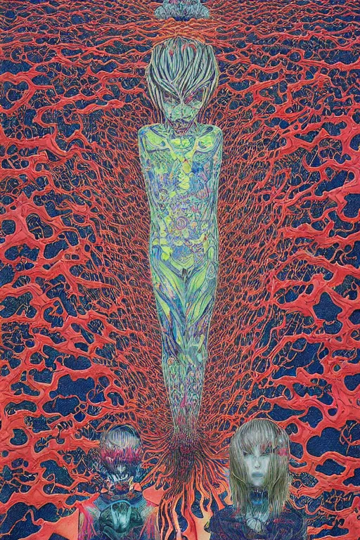 Image similar to body breaking apart, life like conjuring psychedelic illustration by shintaro kago, ultra realistic, highly detailed, hypermaximalist, symmetrical, rich deep colors. beksinski painting, part by adrian ghenie and gerhard richter. art by takato yamamoto. masterpiece