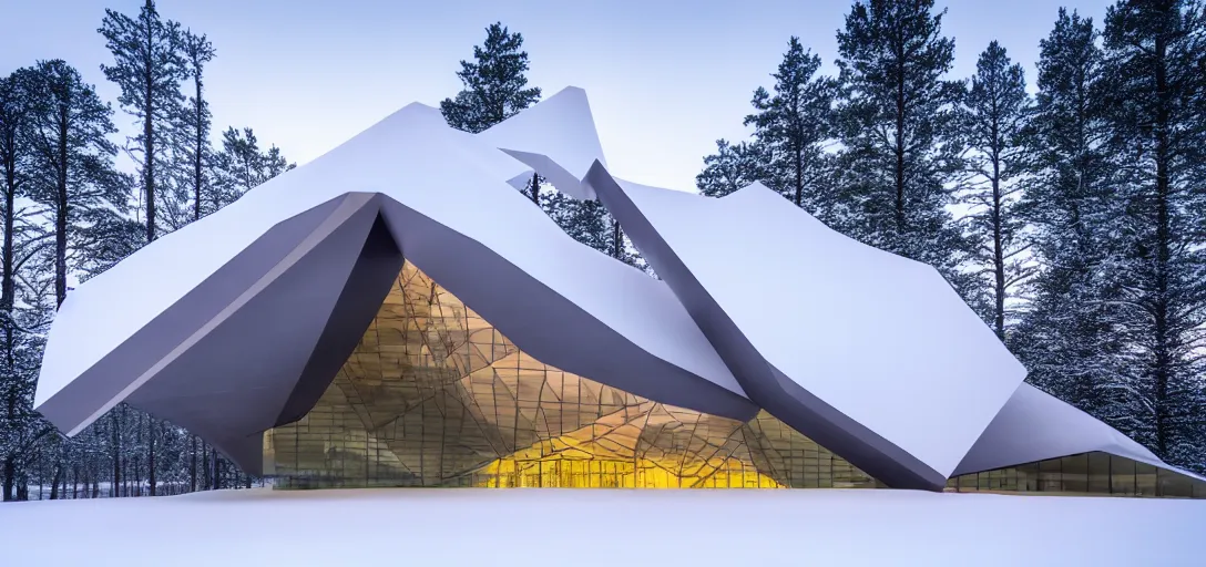 Prompt: faceted roof planes lift and descend creating shade and architectural expression, highly detailed, situated in snow by lake, vivid color, dusk, sunset