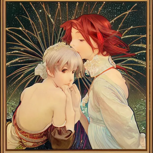 Prompt: two beautiful girls watching fireworks, digital art, by range murata, akiyuki shinbou, alphonse mucha, masamune shirow, josan gonzales, highly detailed, realistic, cinematic, trending on pixiv fanbox