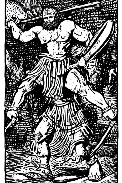 Image similar to ancient historically accurate depiction of the Bible Character Goliath of Gath, the Philistine warrior giant by mcbess