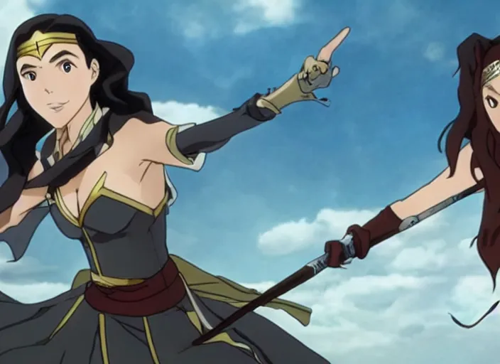 Image similar to gal gadot flying screenshot from demon slayer 鬼滅の刃 anime gal gadot