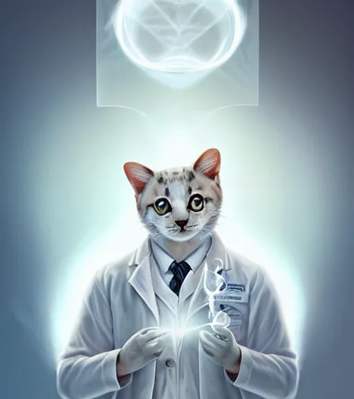 Prompt: symmetry!! anthropomorphic cat doctor in a white coat holding x ray film, solid cube of light, hard edges, intricate, elegant, highly detailed, digital painting, artstation, concept art, smooth, sharp focus, illustration, dreamlike, art by artgerm