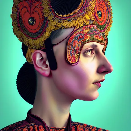 Image similar to Colour Caravaggio style Photography of Highly detailed beautiful Woman wearing detailed Ukrainian embroidery folk costume designed by Taras Shevchenko with 1000 years perfect face wearing highly detailed retrofuturistic VR headset designed by Josan Gonzalez. Many details In style of Josan Gonzalez and Mike Winkelmann and andgreg rutkowski and alphonse muchaand and Caspar David Friedrich and Stephen Hickman and James Gurney and Hiromasa Ogura. Rendered in Blender and Octane Render volumetric natural light