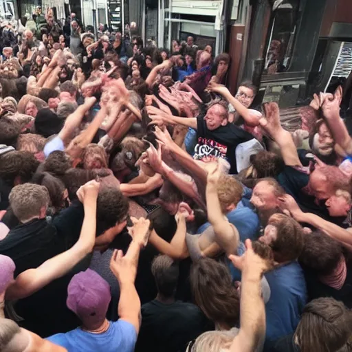 Prompt: dirk van duijvenbode in a mosh pit full at a gig where the band are all aubergines.