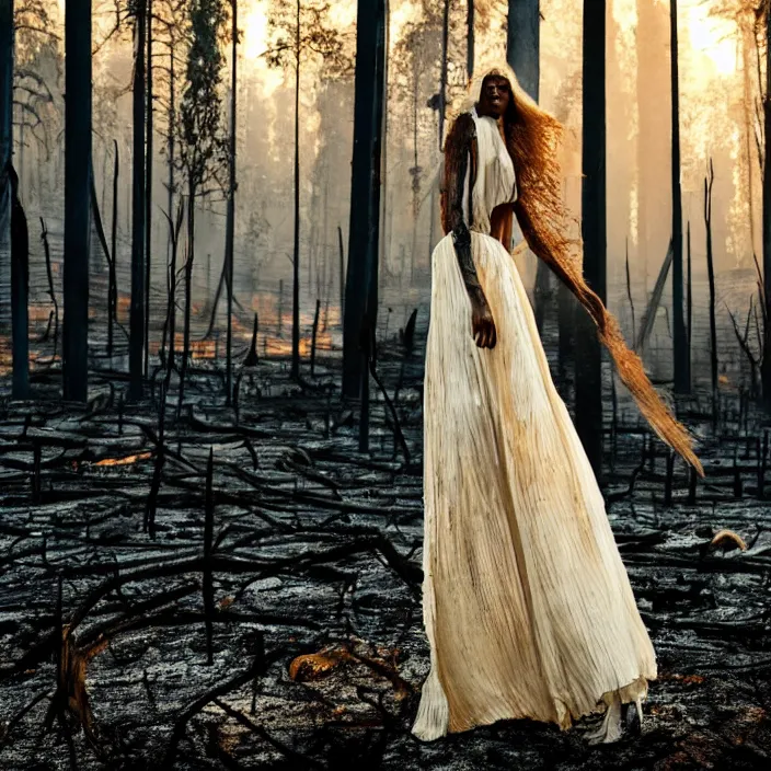 Prompt: a woman with a white standing in a burnt charred forest, golden hour, vogue magazine