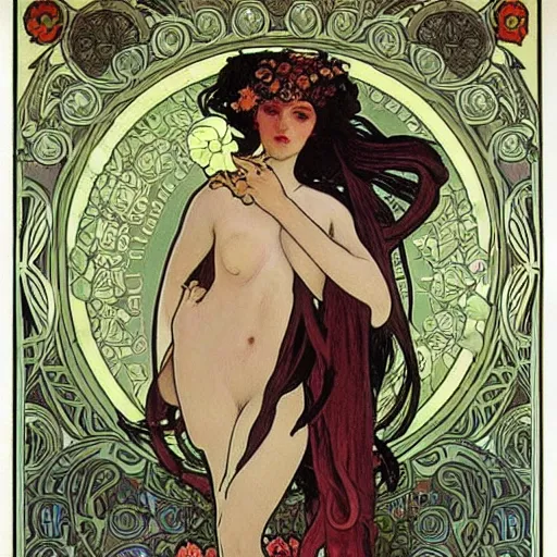 Image similar to persephone as goddess of death, flowers, dark, evil, painted by alphonse mucha