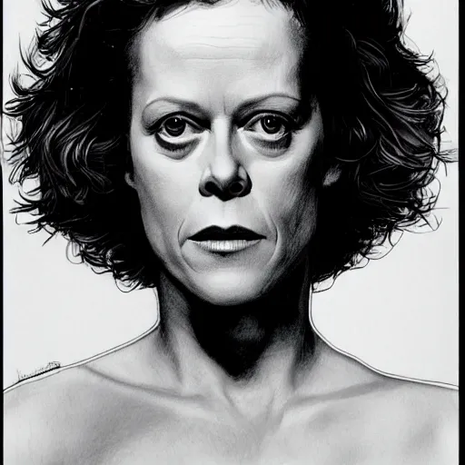 Image similar to sigourney weaver from alien, head and shoulders portrait, extremely detailed masterpiece, one single continues line.