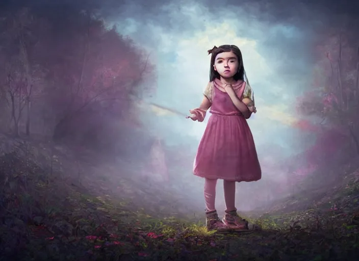 Image similar to a little girl with a cross fights off terrified demons, clear face and bright eyes. 8 k, matte painting, lowbrow in the style of lilia alvarado, mark ryden and martin johnson heade,