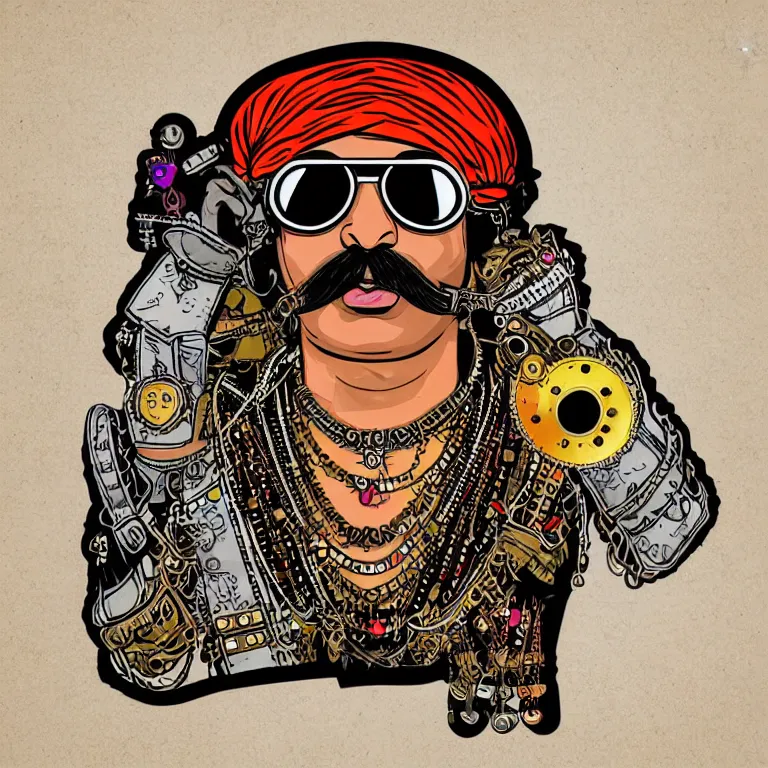 Image similar to face portrait of an indian man with long neon moustache rajasthani pagdi wearing madmax style steampunk goggles and steampunk jewelry, art by butcher billy, sticker, colorful, illustration, highly detailed, simple, smooth and clean vector curves, no jagged lines, vector art, smooth