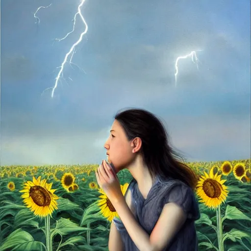 Image similar to a girl smelling one of sunflowers in an amazing tall sunflower field, hair flowing, fog, early morning lightning, subtle, intricate details, real masterpiece, oil on canvas, by franz kafka