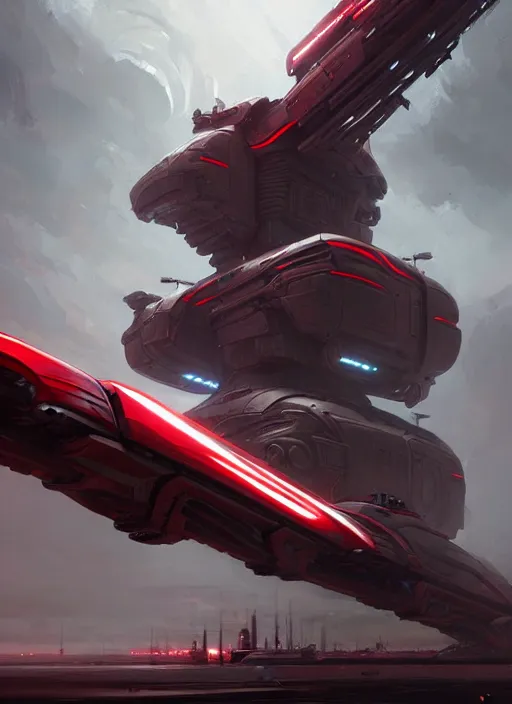 Prompt: wide view of epic muscular mechanical futuristic war machine with red and white accent. highly detailed, digital painting, concept art, smooth, sharp focus, illustration, art by greg rutkowski