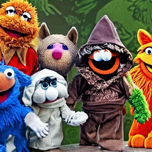 Prompt: a chibi foxfolk muppet druid wizard wearing a hooded cloak holding a small muppet animal with a small herd of random muppet animals following behind, sesame street, photograph, photography, ultrarealistic, national geographic