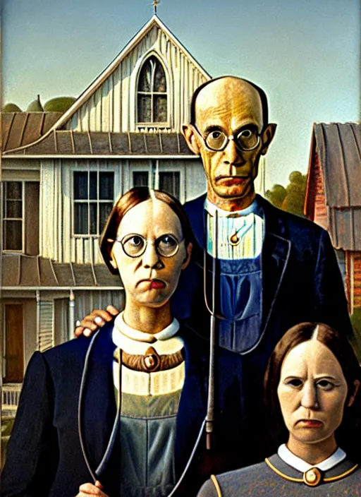 Prompt: a painting by grant wood of an astronaut couple, american gothic style