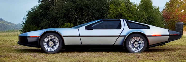 Image similar to a single delorean and tesla roadster hybrid, dslr