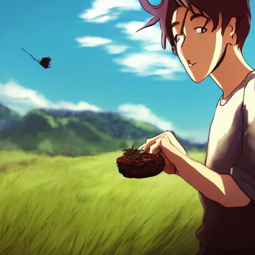 Prompt: scotland man eating marijuana brownies angle, serious, extremely detailed, made by wlop and studio ghibli, cinematic lighting, full body portrait, illustration, grass, sunny, clouds, sky, anime, side view,