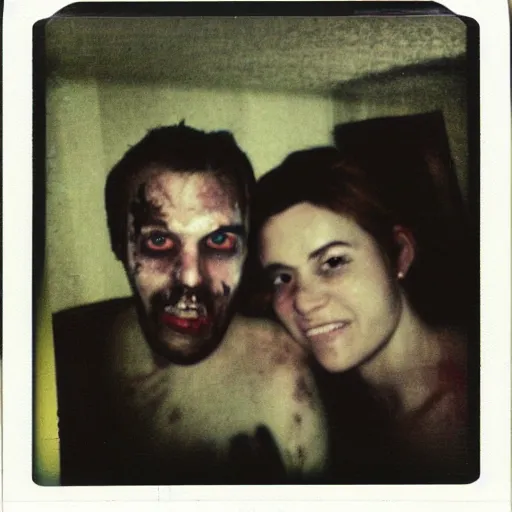 Image similar to polaroid of a happy couple looking into the camera during a zombie apocalypse