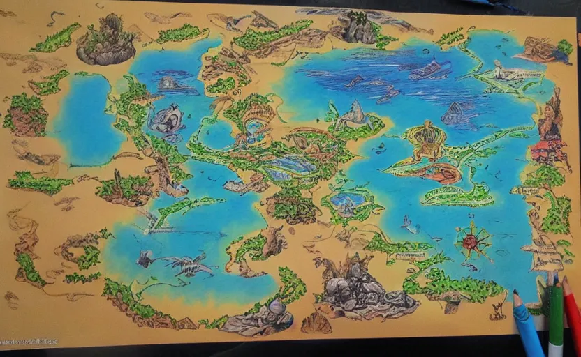 Prompt: futuristic fantasy island map, drawn with crayons, detailed