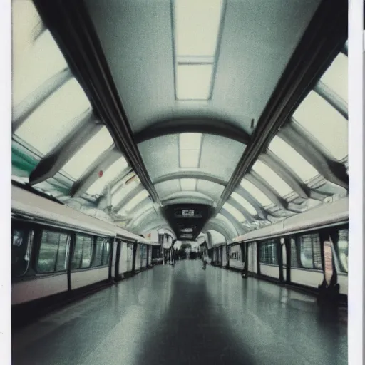 Image similar to polaroid photo of a retrofuturistic train station