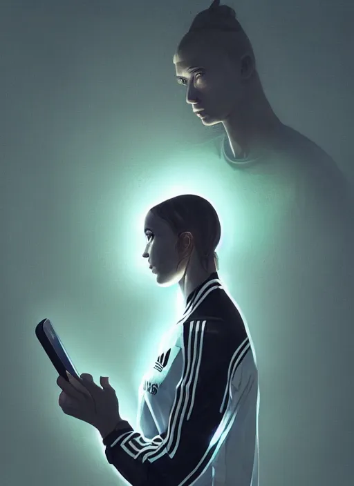 Image similar to portrait of slav heroine wearing an addidas tracksuit with a phone in hand. illuminated phone screen, by greg rutkowski and wlop, detailed, cinematic, 8 k, intricate, rule of thirds.