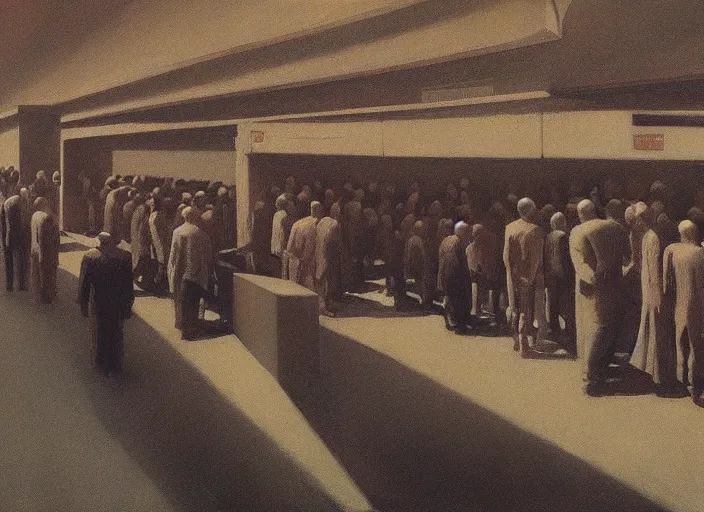 Prompt: crowd waiting in line, science fiction, Edward Hopper and James Gilleard, Zdzislaw Beksinski highly detailed