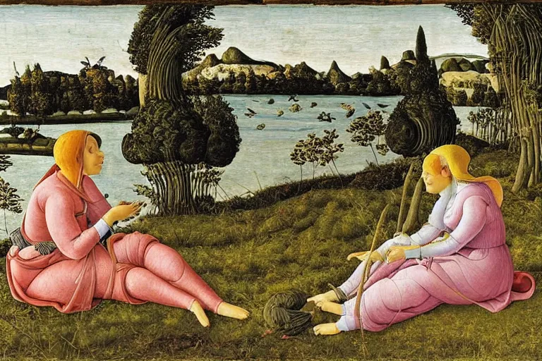 Prompt: two woman net fishing at the river bank on a spring day, sandro botticelli