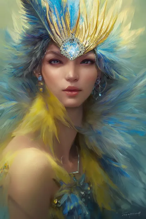 Image similar to beautiful princess with face covered with blue diamond crystals jewels wearing frost feathers, diamonds, angel, fantasy, yellow background beam, dramatic lighting, highly detailed, digital painting, magic the gathering, 3 d render, hyper realistic detailed portrait, peter mohrbacher, wlop, ruan jia