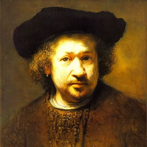 Prompt: Rembrandt painting a self portrait in the style of Rembrandt, cascading down into a never ending series of self portraits