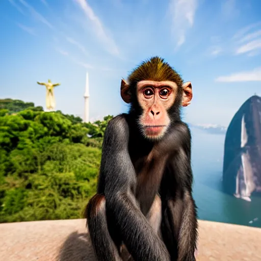 Image similar to high quality portrait of a monkey in front of Christ The Redeemer, studio photograph, photograph, realistic photo, 8k photo, 4k photo, stock photo, high resolution, cinematic shot, high detail