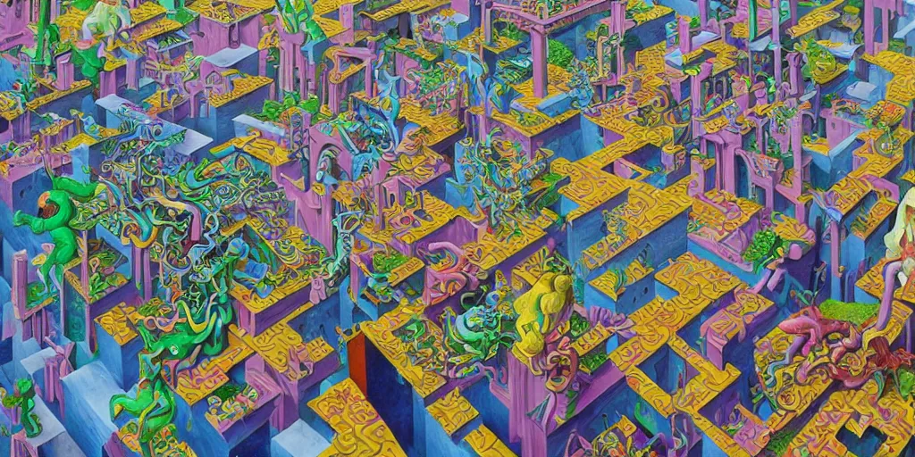 Image similar to in the realm full of colorful 3 d graffiti, mc escher, ultra realistic, extremely high definition, highly detailed and intricate masterpiece