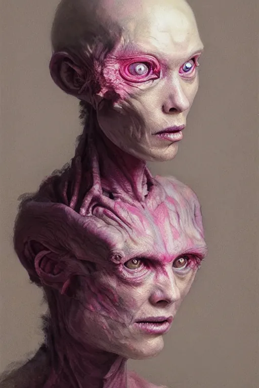 Prompt: a beautiful professional three quarter portrait face portrait of a white and sticky pink strange creature from the thing movie and alien movie, hight detailed painting by akira toriyama and dani diamond, greg rutkowski and ilya repin, peter mohrbacher, joseph christian leyendecker, nice studio lighting, smooth tiny details, soft and clear shadows, low contrast, fashion photograhy, perfect