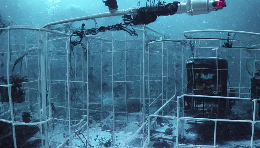 Image similar to Big budget horror movie, an underwater biolab run by cyborgs, deep in the ocean, dark and gloomy