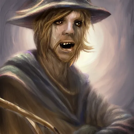 Prompt: Chawick the Fail Wizard, a young scrawny man in ragged and stained wizard's robes and hat. 8k resolution, full-length portrait, digital painting, fantasy art.