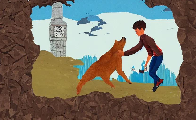 Image similar to a boy fighting a wolf on the edge of a clocktower, storybook, gouache, flat, print