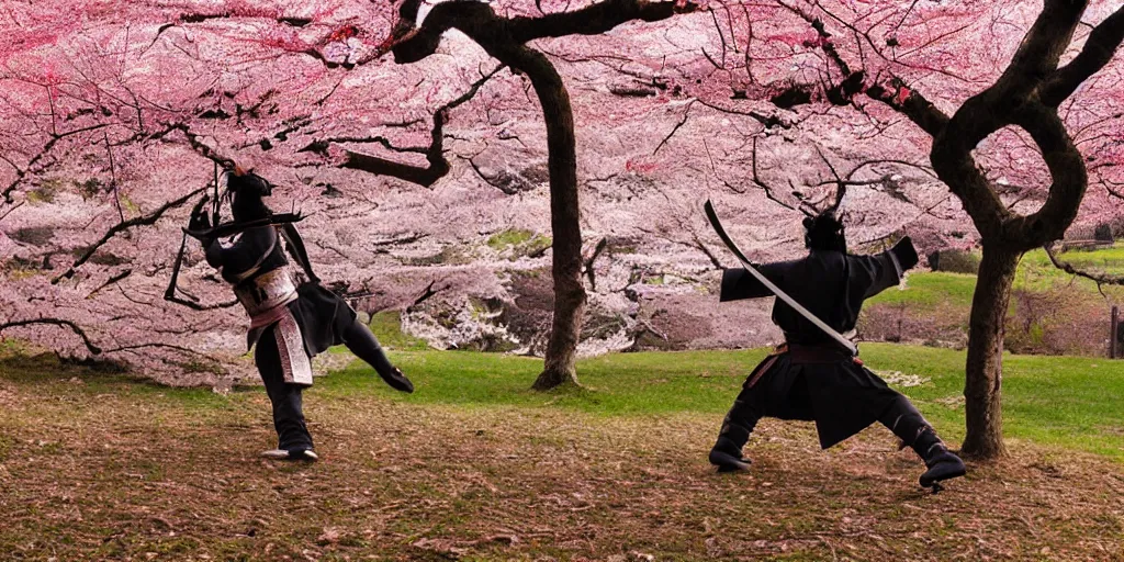 Prompt: samurai duel, both samurai have katana drawn, in a fighting pose, sunset in the background, cherry trees blossoming and Japanese maple trees, autumn, professional photo