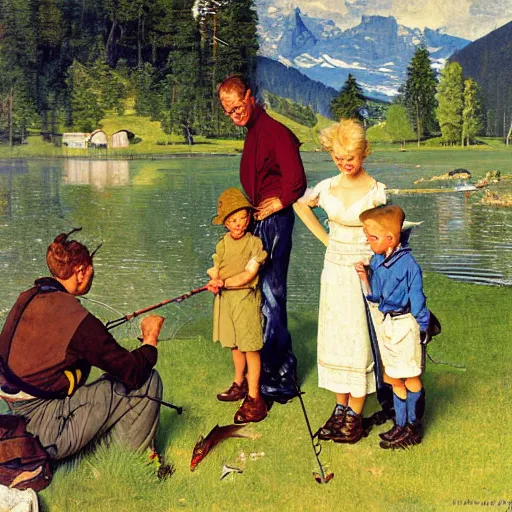 Image similar to painting of a blonde boy with blue eyes and his mother and father, fishing next to a high lake in Switzerland, forest, tent, golden hour, by Norman Rockwell,