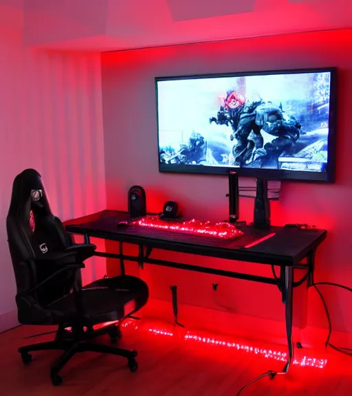 Prompt: gamer room with a person, red led lights, gamer chair