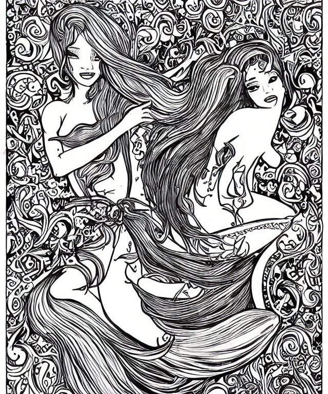 Image similar to black and white illustration, beautiful mermaid