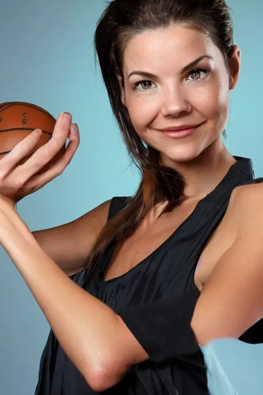 Prompt: fantasy character photo. tall, lanky, athletic woman gleefully telling a bs story full of lies. facial expression of manic obsessive love. danielle campbell. black hair in ponytail. bright blue eyes. sleeveless light green dress. tall, lanky, athletic, wiry, slightly muscular.