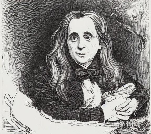 Image similar to Tenniel illustration portrait of Alice looking happy, Lewis Carrol