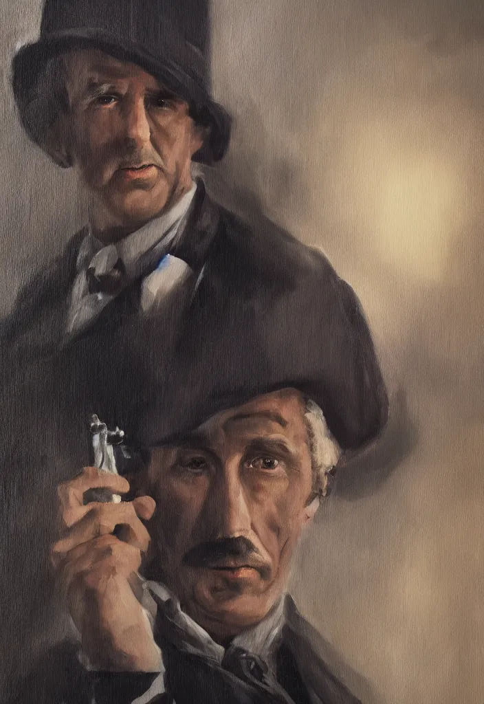 Prompt: high quality oil painting portrait of Sherlock Holmes, volumetric and perfect lighting, 4k, 8k, HD