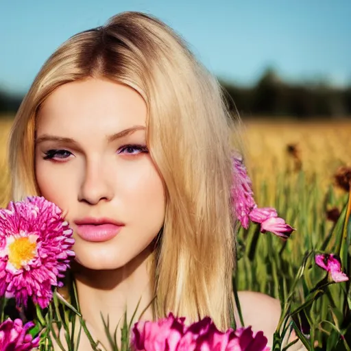 Prompt: photo of very attractive very beautiful very slim blonde girl ,face close-up,20years old,spotless skin,in a flowery field,very high detail,sharp, 35mm art lense, award winning, magazine cover, golden hour