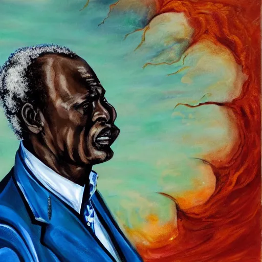 Image similar to a painting of a fatherly wide forehead, round face, XXL , loving, caring, generous, ever-present, humble, wise elder from Kenya in a suit by Wangechi Mutu . Fatherly/daddy, focused, loving, leader, relaxed. Blue background, heavenly lights, details, smooth, sharp focus, illustration, realistic, cinematic, artstation, award winning, rgb , unreal engine, octane render, cinematic light, macro, depth of field, blur, red light and clouds from the back, highly detailed epic cinematic concept art CG render made in Maya, Blender and Photoshop, octane render, excellent composition, dynamic dramatic cinematic lighting, aesthetic, very inspirational, arthouse.