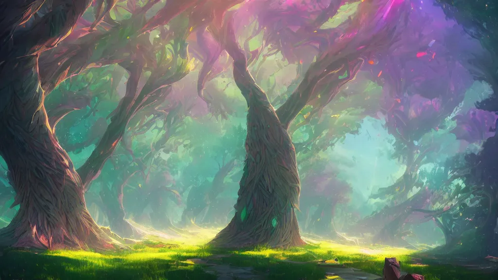 Prompt: multicolored iridiscent crystals growing on colossal everlasting trees, by sylvain sarrailh, rossdraws, ambient light, ultra detailed, fantasy artwork, 8 k, volumetric lighting, trending on artstation, award winning, very beautiful.