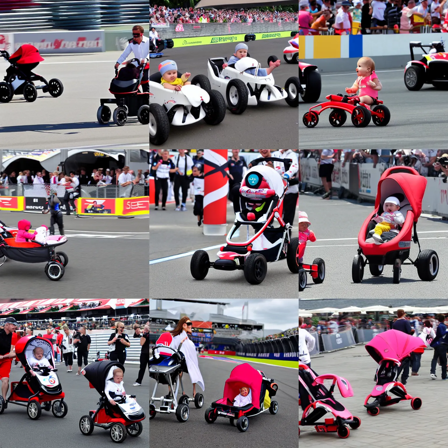 Prompt: babies race in f 1 strollers at le mans