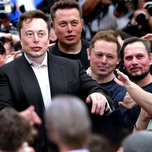 Image similar to elon musk pointing at the stars while people are crowding around