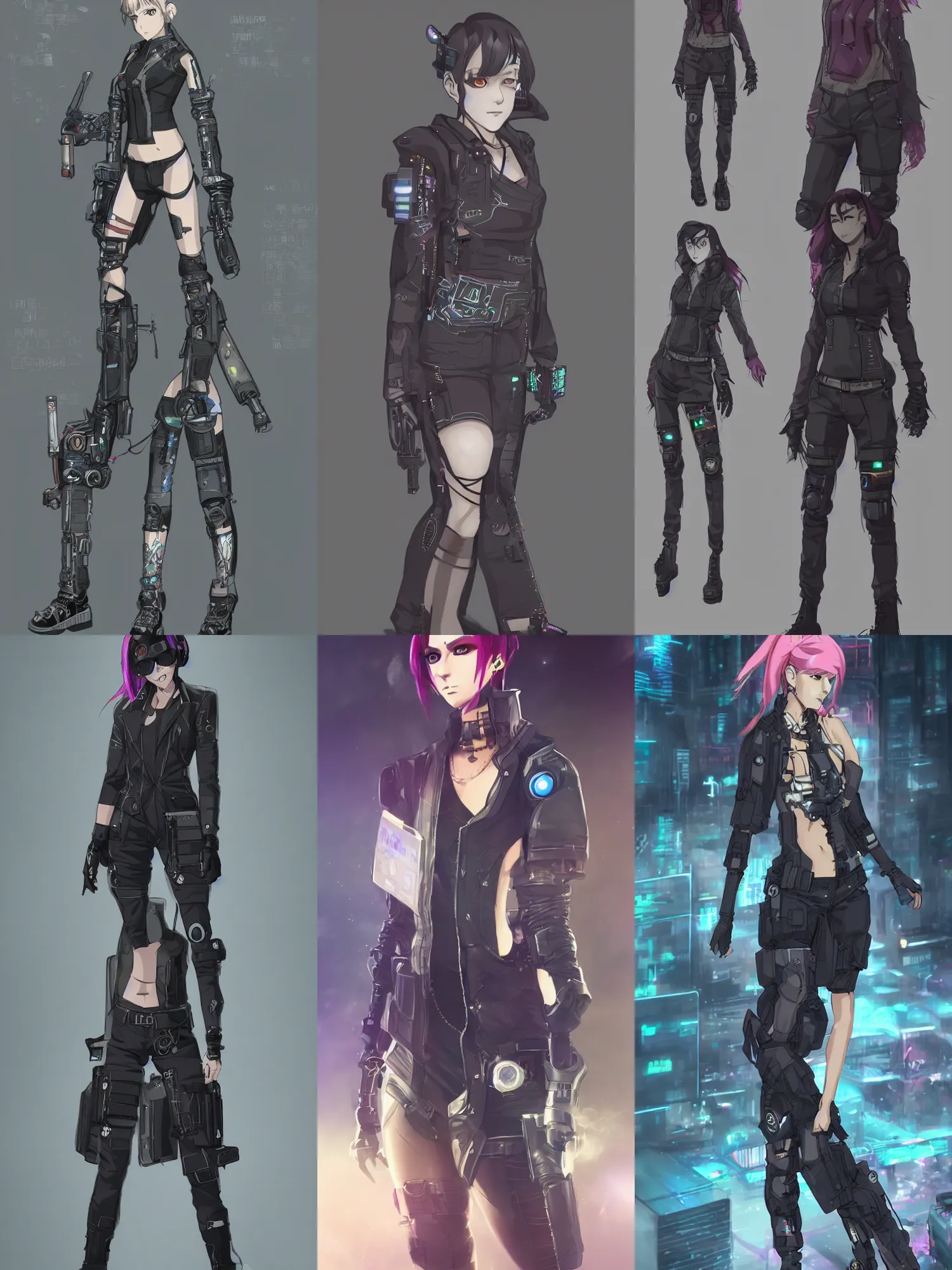 Prompt: a female cyberpunk dream detective, character concept, outfit design, in the anime, trending on artstation