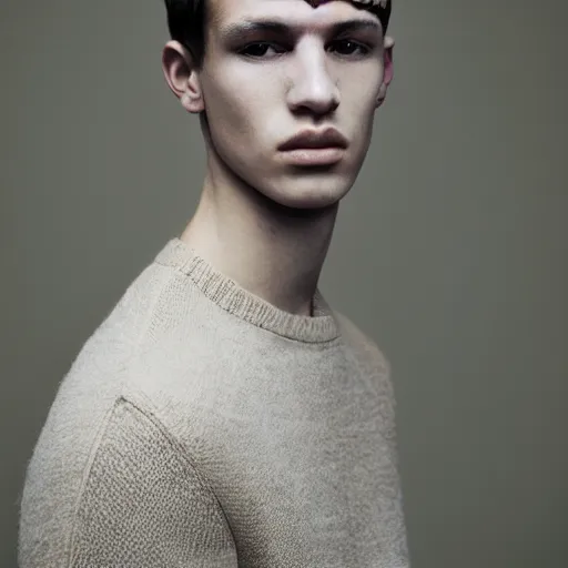 Prompt: a muted colors natural portrait photograph of a male model, editorial story, i-D magazine, editorial photography