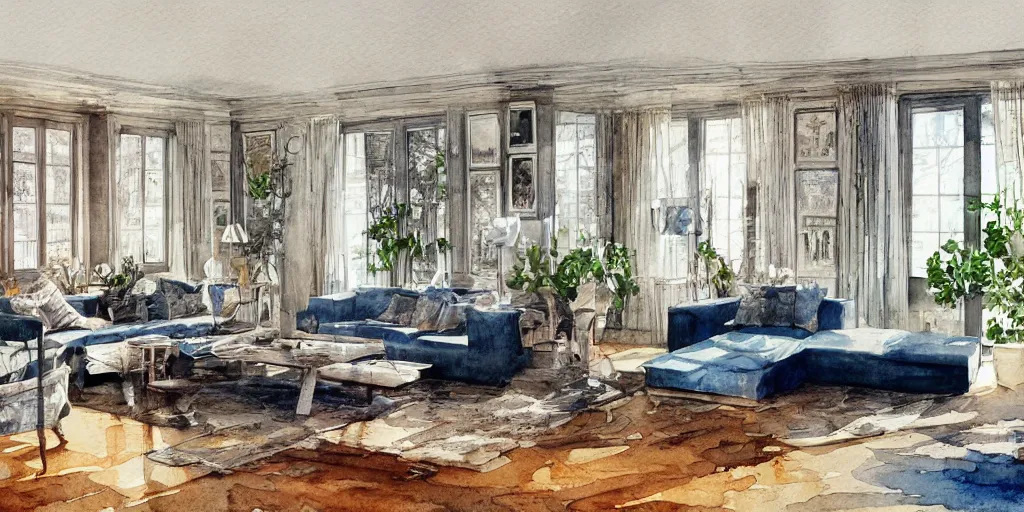 Prompt: a hiper intricate watercolor of a beatiful modern indoor living room, extremely detailed, sharp focus, wide view, smooth, digital illustration, colorfull, by william turner art, by greg rutowski