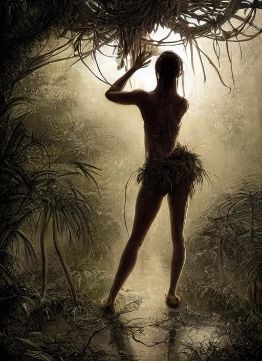 Prompt: a tribal woman from behind, in front of the aircraft carrier USS Nimitz rotting on the ground overgrown with vegetation, lush rain forest, post appocalyptic, by Luis Royo, by Greg Rutkowski, dark, gritty, intricate, backlit, strong rim light, cover illustration, concept art, volumetric lighting, volumetric atmosphere, sharp focus, octane render, trending on artstation, 8k