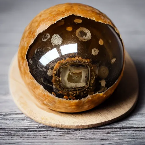 Prompt: a photograph of a glass sphere containing a pork pie